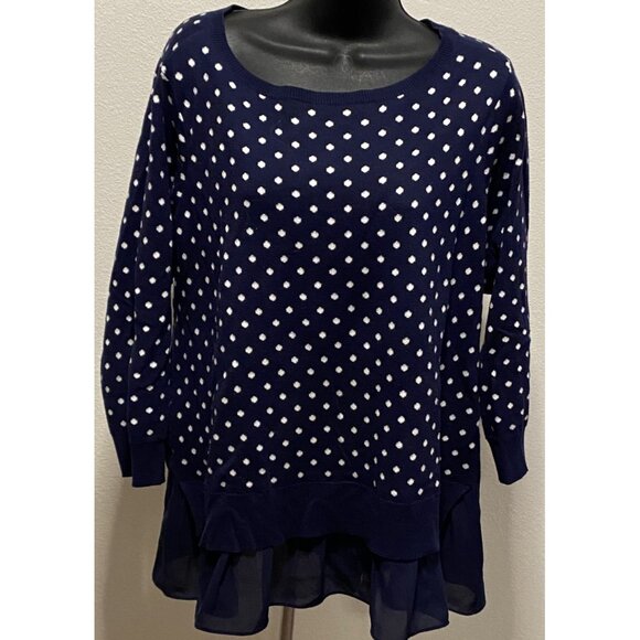 Chaps Womens Size 1X Sweater Polka Dot Navy Polyester Hem - Picture 1 of 10